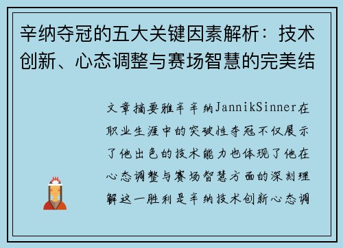 辛纳夺冠的五大关键因素解析：技术创新、心态调整与赛场智慧的完美结合