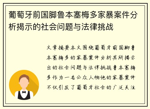 葡萄牙前国脚鲁本塞梅多家暴案件分析揭示的社会问题与法律挑战