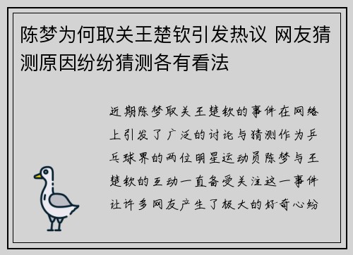 陈梦为何取关王楚钦引发热议 网友猜测原因纷纷猜测各有看法