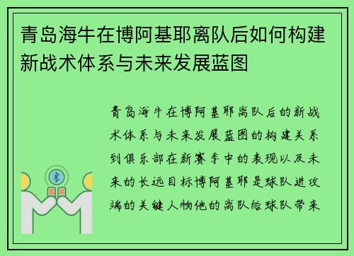 青岛海牛在博阿基耶离队后如何构建新战术体系与未来发展蓝图