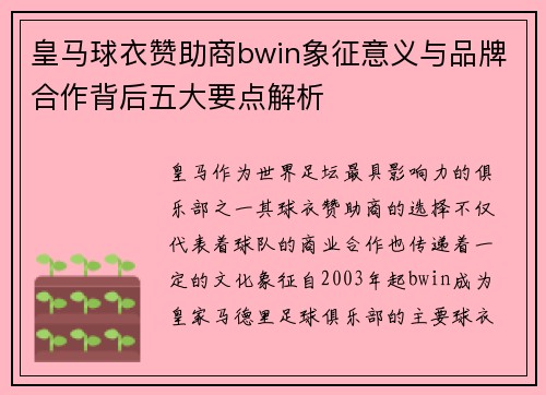 皇马球衣赞助商bwin象征意义与品牌合作背后五大要点解析
