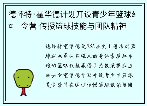 德怀特·霍华德计划开设青少年篮球夏令营 传授篮球技能与团队精神